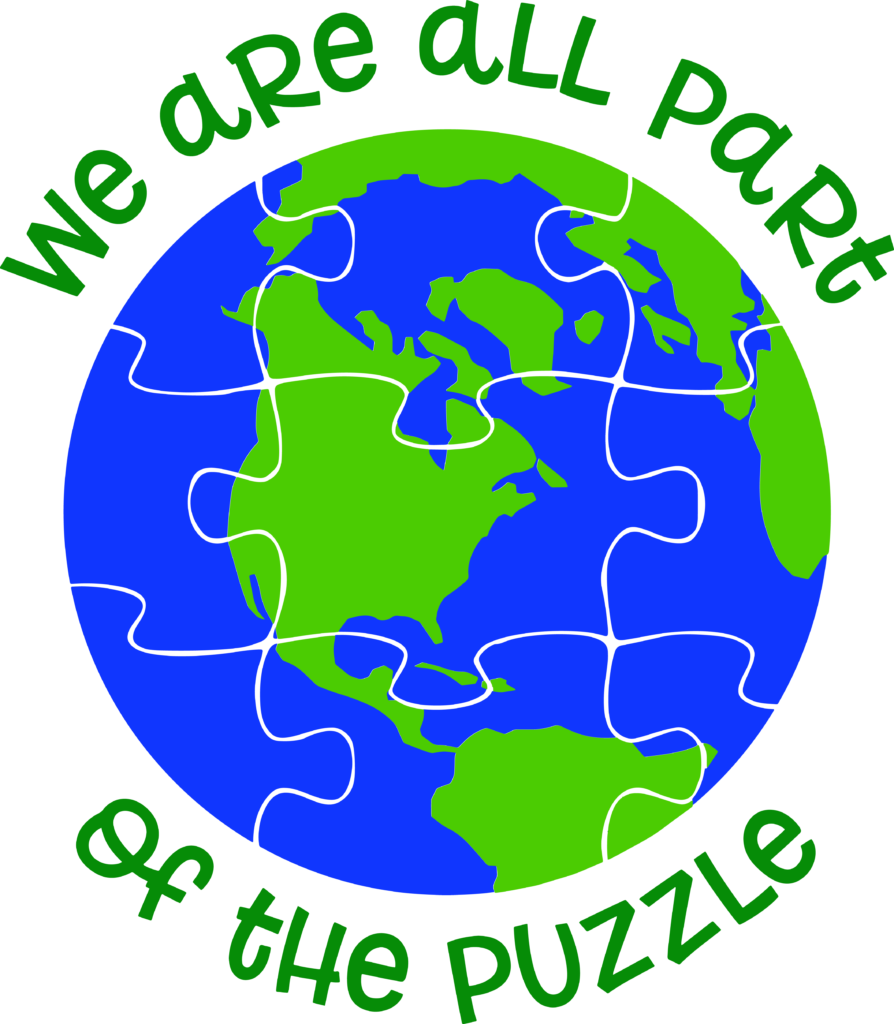 The earth as a puzzle with a caption that reads: we are all part of the puzzle. 