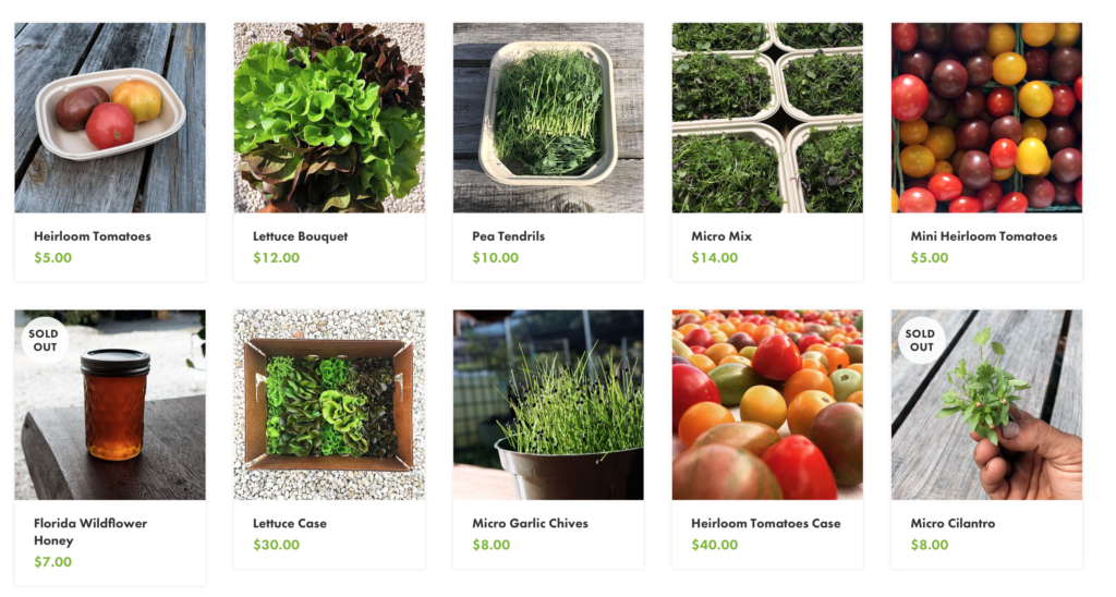 A screen shot from Harpke's store page. Pictures of different greens, tomatoes, honey, and micro greens. 